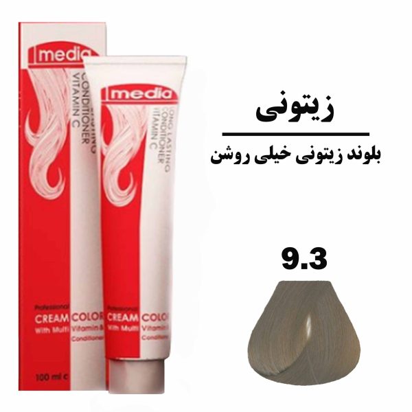 رنگ مو بلوند زیتونی خیلی روشن مدیا سری زیتونی شماره 9.3 حجم 100 میلی لیتر