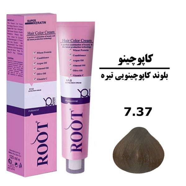 رنگ موی بلوند کاپوچینویی تیره روت ROOT سری کاپوچینو شماره 7.37 حجم 120 میلی لیتر
