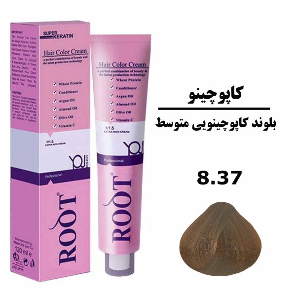 رنگ موی بلوند کاپوچینویی متوسط روت ROOT سری کاپوچینو شماره 8.37 حجم 120 میلی لیتر