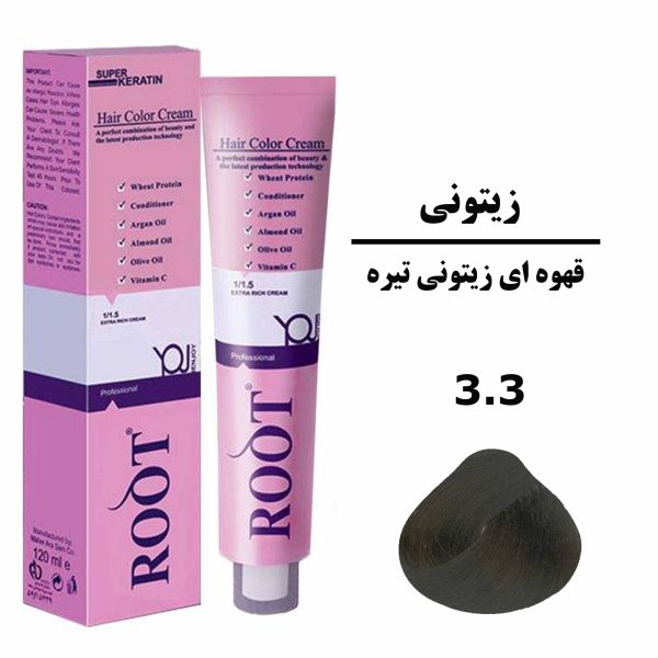 رنگ موی قهوه ای زیتونی تیره روت ROOT سری زیتونی شماره 3.3 حجم 120 میلی لیتر